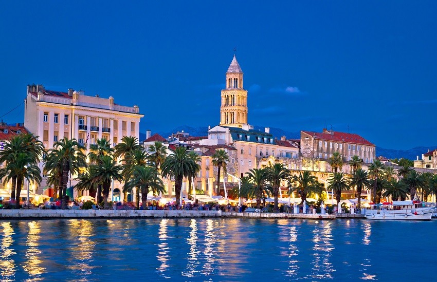 Colorful split waterfront evening view