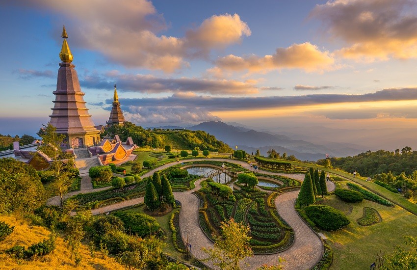 Twin Royal Pagodas at Doi Inthanon with gardens and hills