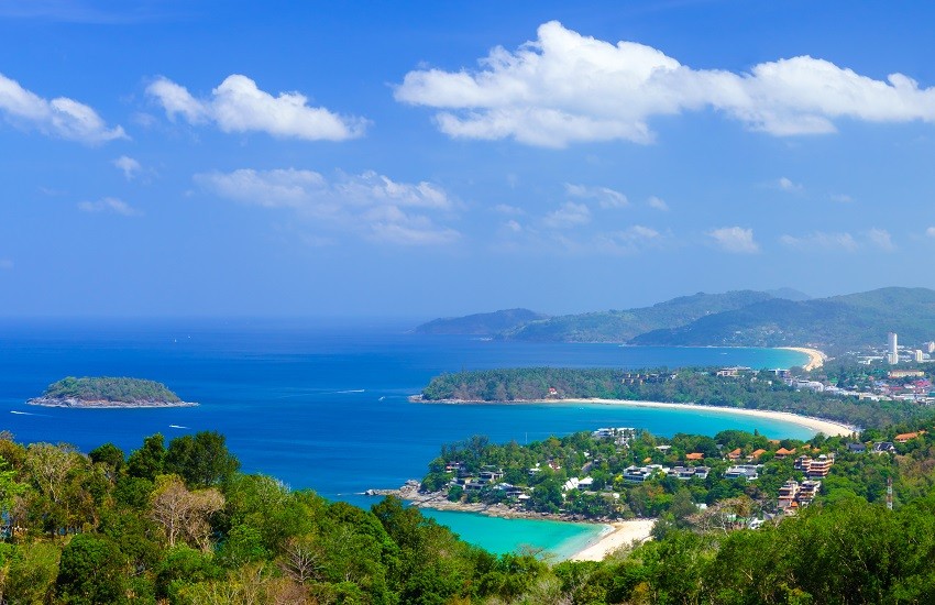 Aerial view of Kata Noi Kata and Karon beaches Phuket with blue sea