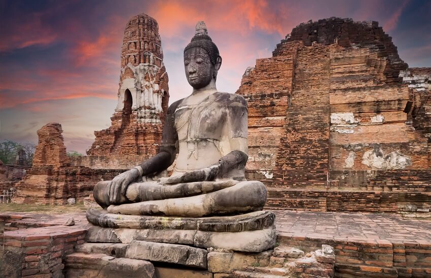 Seated Buddha statue at Wat Phra Mahathat in Ayutthaya Thailand