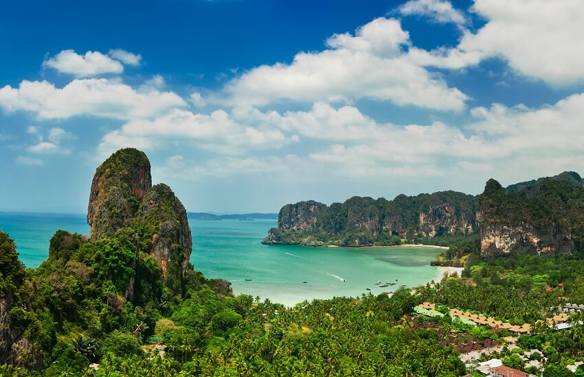 Panoramic view of Railay Beach Krabi with emerald sea and green cliffs